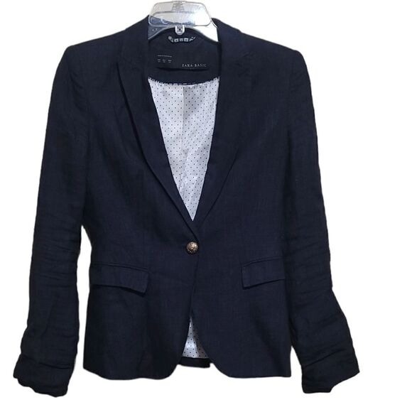 Zara Blue LinenBlend LongSleeve Blazer Sz Xsmall - Picture 1 of 8
